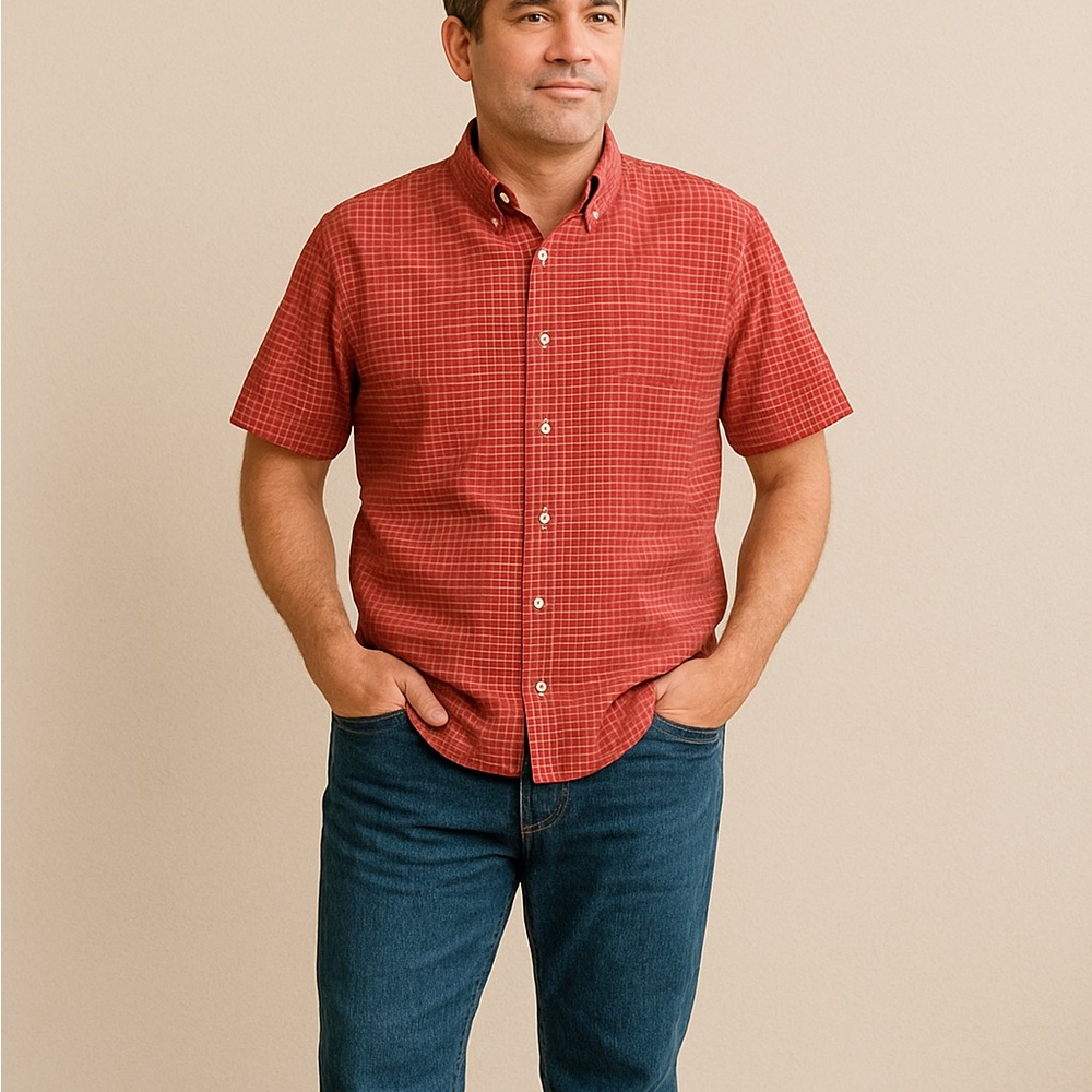 Towncraft Red Plaid Short Sleeve Wrinkle Free Shirt Men’s XXL